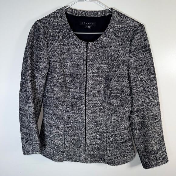 Theory Jondi Size 6 Tweed Knit Jacket Gray Black Open Front Work Blazer Peplum - Picture 4 of 10